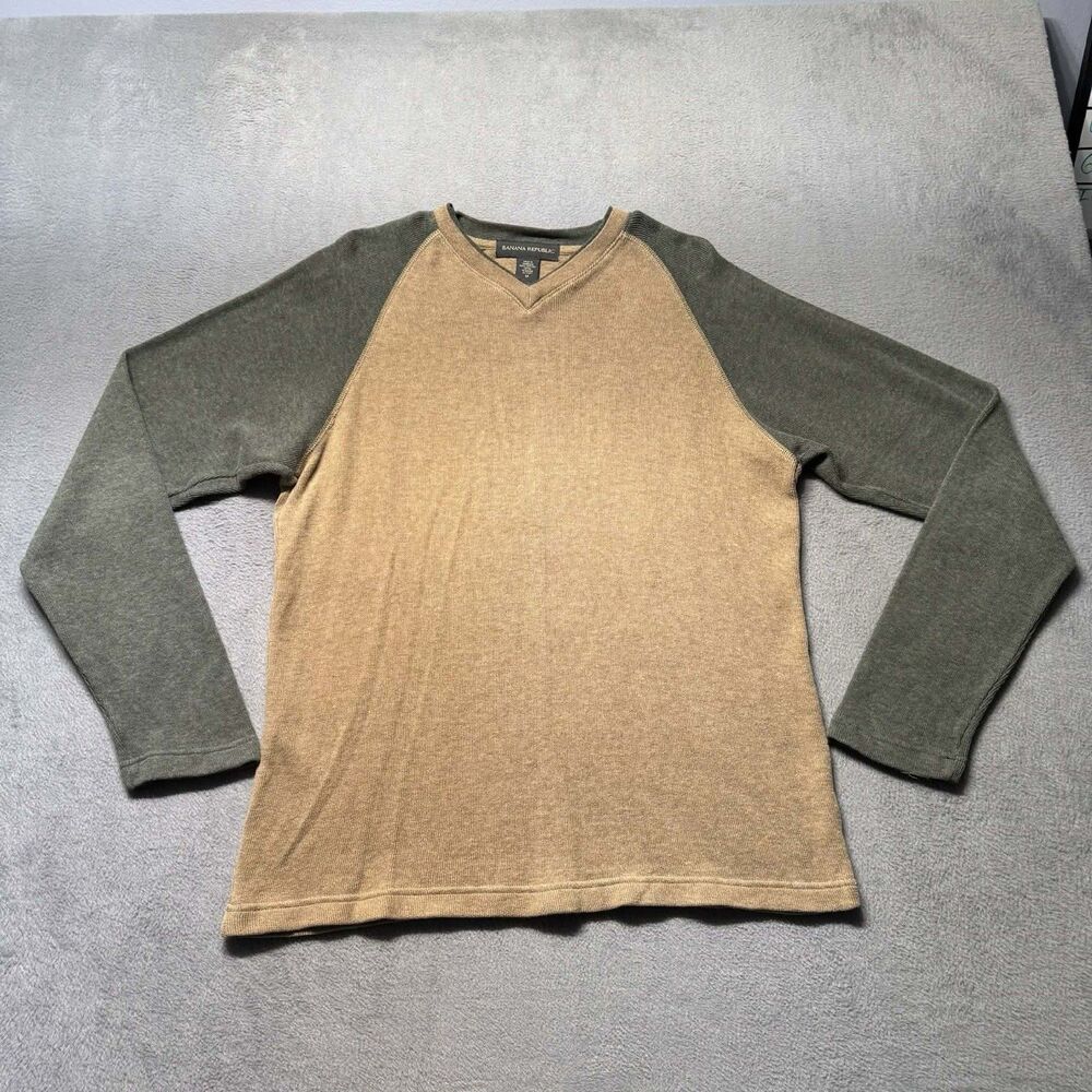 Banana Republic Mens M V Neck Sweater Brown Green Raglan Knit Outdoor EUC
